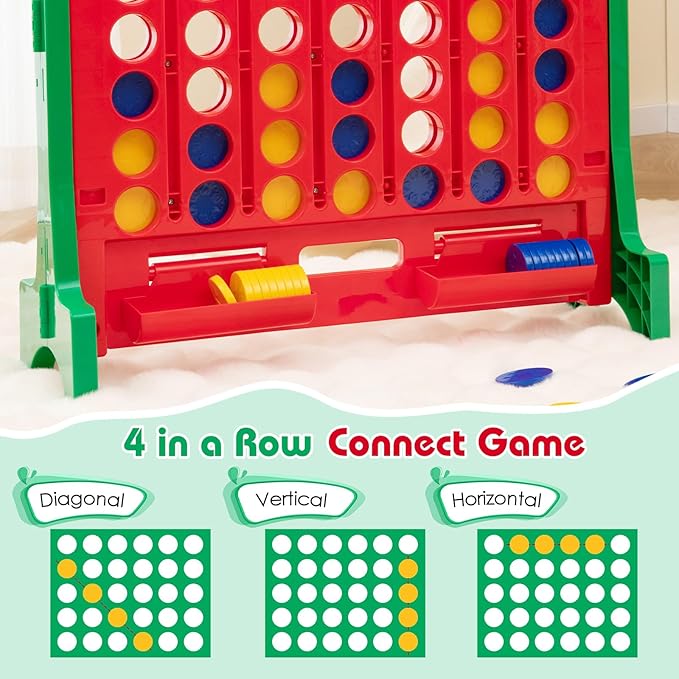 COSTWAY Giant 4 in a Row Game with Storage Carry Bag, Jumbo 4-to-Score Game with Chess, Quick Release Slider for Kids Adults, Indoor Outdoor Backyard, Free-Standing/Wall-mounting (Red&Green)