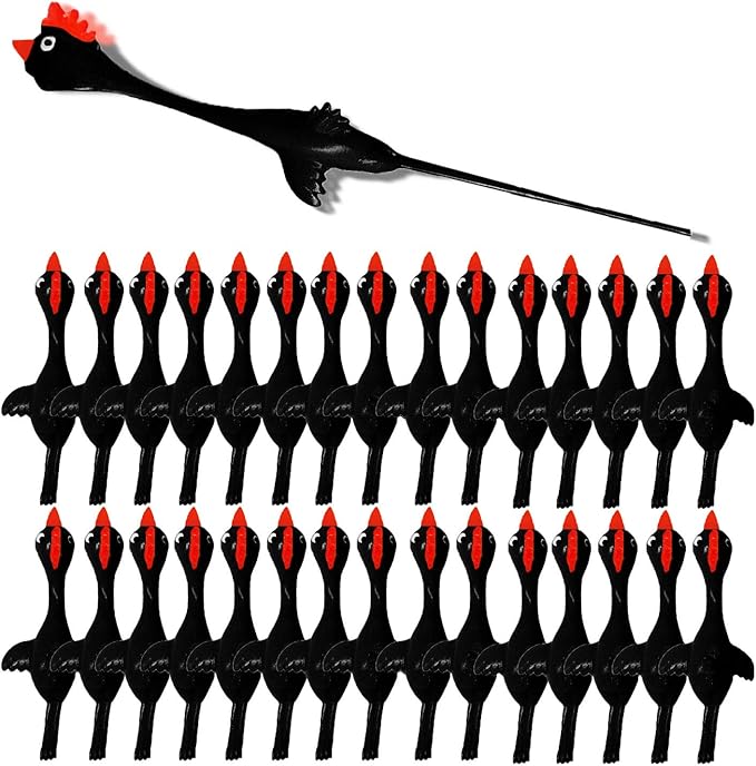 Flingers Slingshot Chicken Flying Toys, Rubber Chicken Stress Gag Gifts for Kids (Black Red 30 Pcs)