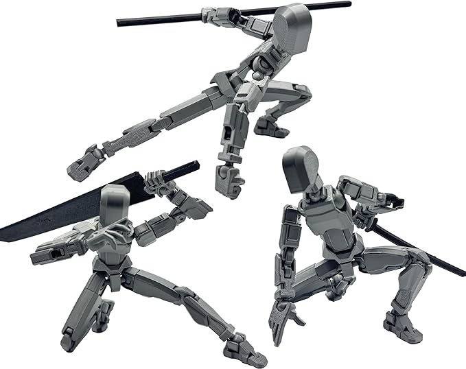 3D Printed Enlarge Body Size 8.1-inch Action Figure Dummy20, Full Body Mechanical Movable Toy, Multiple Accessories, Desk Decoration (Bracket, 3 HandsType, Weapons, Armour) (Silver)