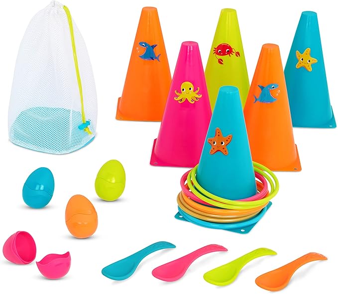 B. toys – Outdoor Games Galore Combo – Ring Toss & Egg-and-Spoon Game Set for Backyard Fun, Party Activities & Family Entertainment – Includes Easy-to-Grip Rings & Spoons – Kids Outdoor Toys 3+ Years