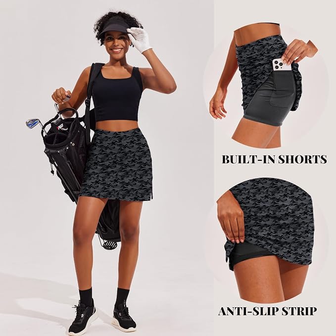 Ekouaer 16" Skorts for Women with Pockets Golf Pickleball Tennis Skirt | Silicone Grippers,2 Inner Pockets,Wide Waist,Side Slit Hem,Breathable,Soft,Lightweight
