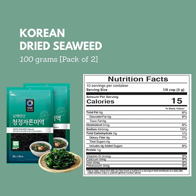 Dried Seaweed Miyeok | Premium Korean Baby Wakame Cut Flakes for Miyeokguk Soup, Miso Soup | Clean South Sea (Namhae) Harvest | 20 Servings | Expands 10x When Soaked | Resealable Bag | Product of Korea [50g, Pack of 2] [100g Total] - O’food