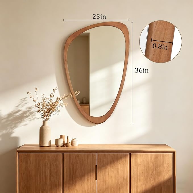 Asymmetrical Mirror, Irregular Wall Mirror, Wall Mirrors Decorative for Bedroom Living Room Entryway Hall, Wood Mirror for mid Century Modern Decor 36" H x 23" W