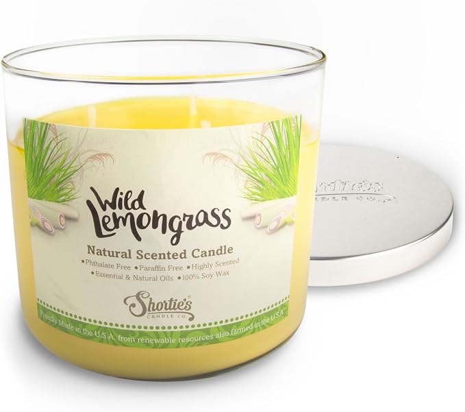 Wild Lemongrass Highly Scented Natural 3 Wick Candle, Essential Fragrance Oils, 100% Soy, Phthalate & Paraben Free, Clean Burning, 14.5 Oz.