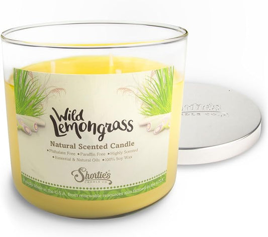 Wild Lemongrass Highly Scented Natural 3 Wick Candle, Essential Fragrance Oils, 100% Soy, Phthalate & Paraben Free, Clean Burning, 14.5 Oz.