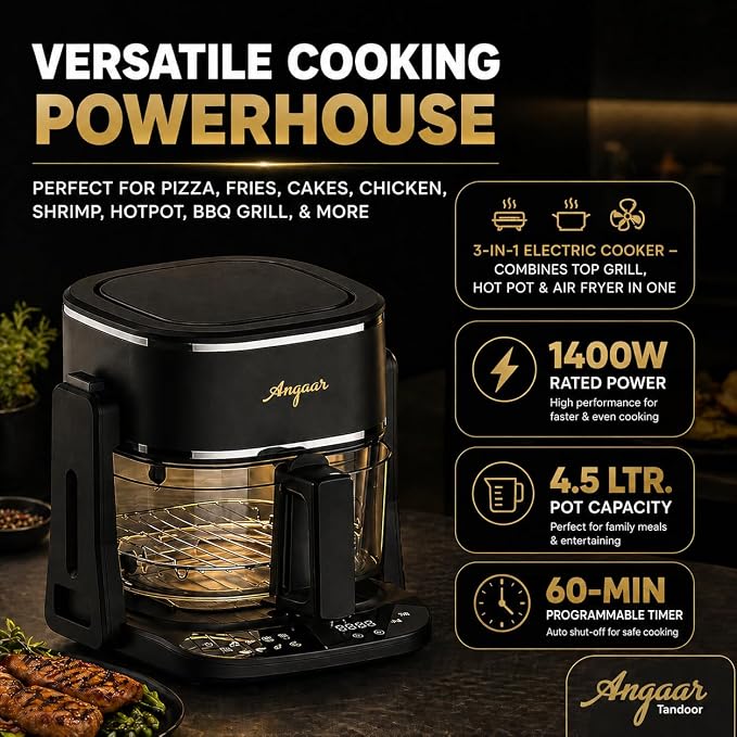Angaar Korean BBQ Hotpot & Electric Grill, 3-in-1 Tabletop Cooker – 1400W 4.5L Glass Basket, Shabu Shabu, Air Fry & Contact Grill, Ceramic Non-Stick, 60-Min Timer