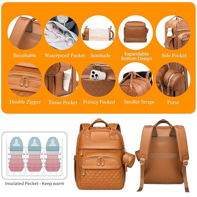 Astro alan Baby Diaper Bags with Changing Station, Waterproof Diaper Bag Backpack for Moms Dads with USB Charging Port, Baby Shower Gifts, Large Capacity diaper backpack, Brown