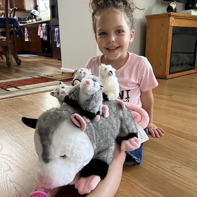 Tezituor 5Pcs Opossum Stuffed Animals Set, 24 Inch Large Mommy Stuffed Opossum Plush with 4 Cute Babies Toy, Realistic Possum Plush Pillow for Girls Boys