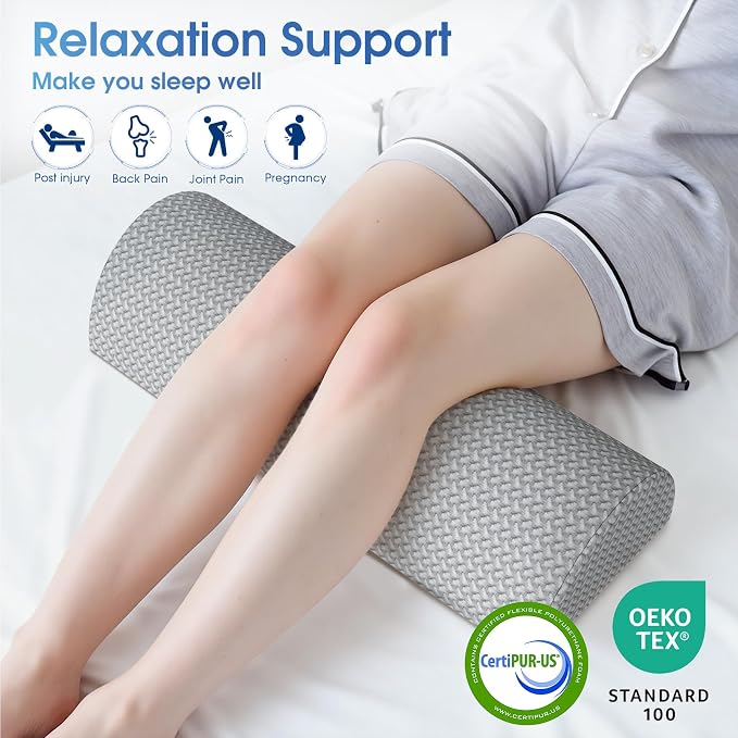 TranquilRelax 2 Pack Knee Pillow for Back Sleeping Memory Foam Half Moon Bolster Pillow for Legs, Under Knee Support, Ankle & Foot Comfort Orthopedic Pillow for Side Sleepers, Grey