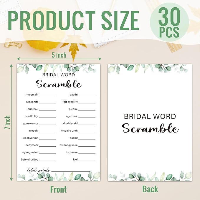 30 Pcs Bridal Word Scramble Game Wedding Shower Games, Bridal Shower Games 30 Guests for Engagement Wedding Party (Eucalyptus Botanical Style) -0015