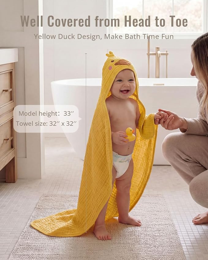 Blissful Diary Muslin Baby Hooded Towel 1 Pack, Soft & Absorbent Bath Towel for Infant, Toddler, Unisex, Baby Gift, Newborn Essentials, Sunny Duck
