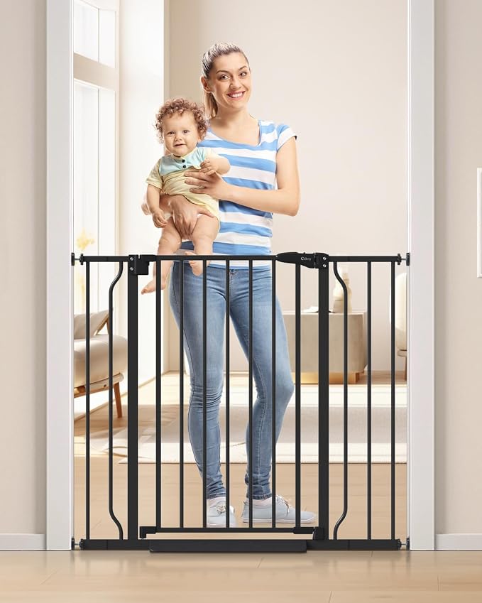34" Extra Tall Baby Gate for Stairs, Auto Close Stroller Friendly Dog Gate Indoor for Doorways, Pressure Mounted 29"-40" Wide Baby Gate, Easy Walk Through Gate for Children & Pets, Black