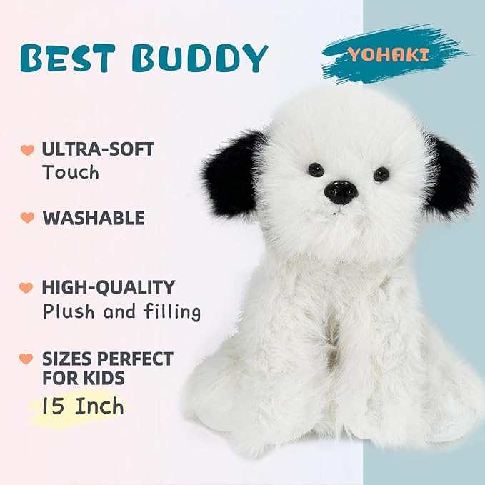 Plush Puppy Dog Toy - 15 Inch Soft Stuffed Animal, Cuddly Black and White Fluffy Dog, Huggable Plush Companion for Kids and Adults, Birthday