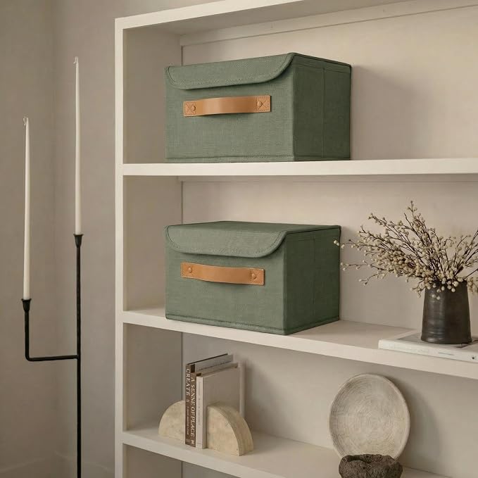 Decorative Linen Storage Boxes with Lids - Spacious Set of 2 Organizer Bins | The Perfect Small Container for Home Decor - Safely Store Photos, Documents and Memory Box Keepsakes in Style