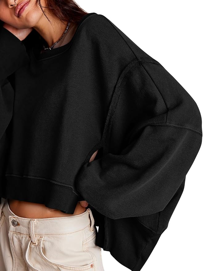 Zwurew Womens Casual Sweatshirt Cropped Shirts | Loose Fit, Tee Top, Pullover, Crop Hem, Design Trim, Daily Tops