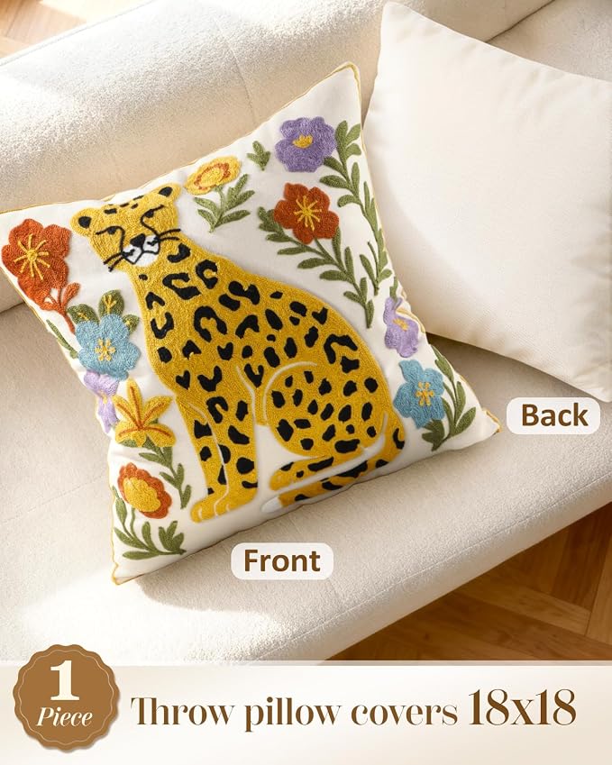 Animal Embroidered Throw Pillow Cover 18x18 Inch, Leopard Floral | Decorative Pillow Cover, Boho Cushion Cases with Hidden Zipper, Fall Decor for Couch, Sofa, Living Room, Bedroom