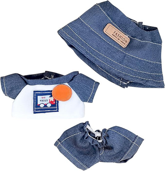 Doll Clothes for 17cm Dolls, Cute Outfit Set with Accessories, Bucket Hat and Overalls (No Doll) (Grey Overalls Set)