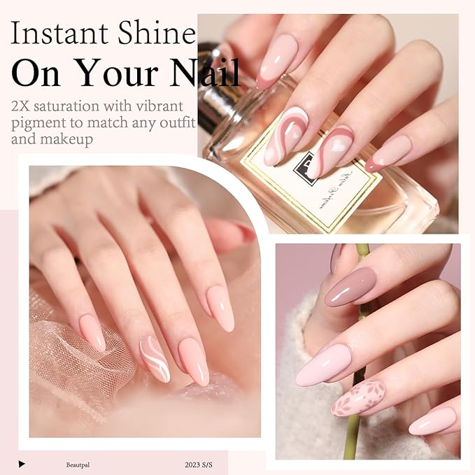 Beautpal Nude Gel Nail Polish Set, 10 Colors Neutral Pink Blush Nude Glitter Gel Polish All Seasons Skin Tones Soak Off Manicure Home DIY Nail Art Design Starter Kit Salon Quality Gift for Women Girls