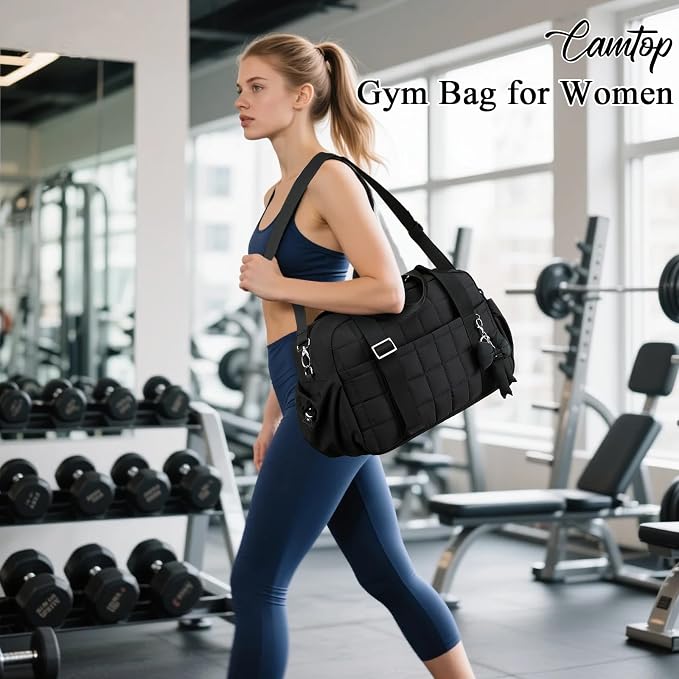 CAMTOP Mini Gym Bag for Women, Small Gym Tote Bag Puffy Quilted Sports Duffel Bag with Wet Compartment and Coin Purse Duffel Bags Dance Yoga Workout Bag for Gifts (Black, Medium-16")