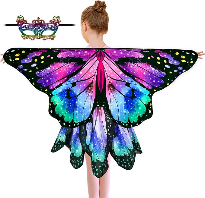 Kids Butterfly Wings Costume for Girls Fairy-Wings Toddler Dress Up Play Costumes Butterfly Skirt Set Mask Party Favors Gifts（Purple & Green+skirt sets）
