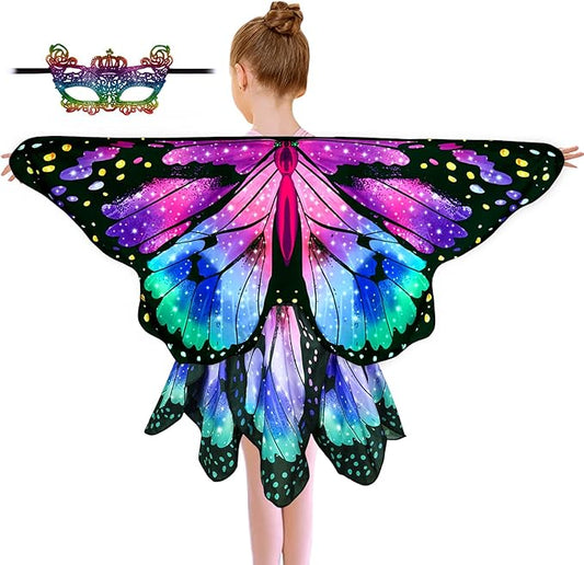 Kids Butterfly Wings Costume for Girls Fairy-Wings Toddler Dress Up Play Costumes Butterfly Skirt Set Mask Party Favors Gifts（Purple & Green+skirt sets）
