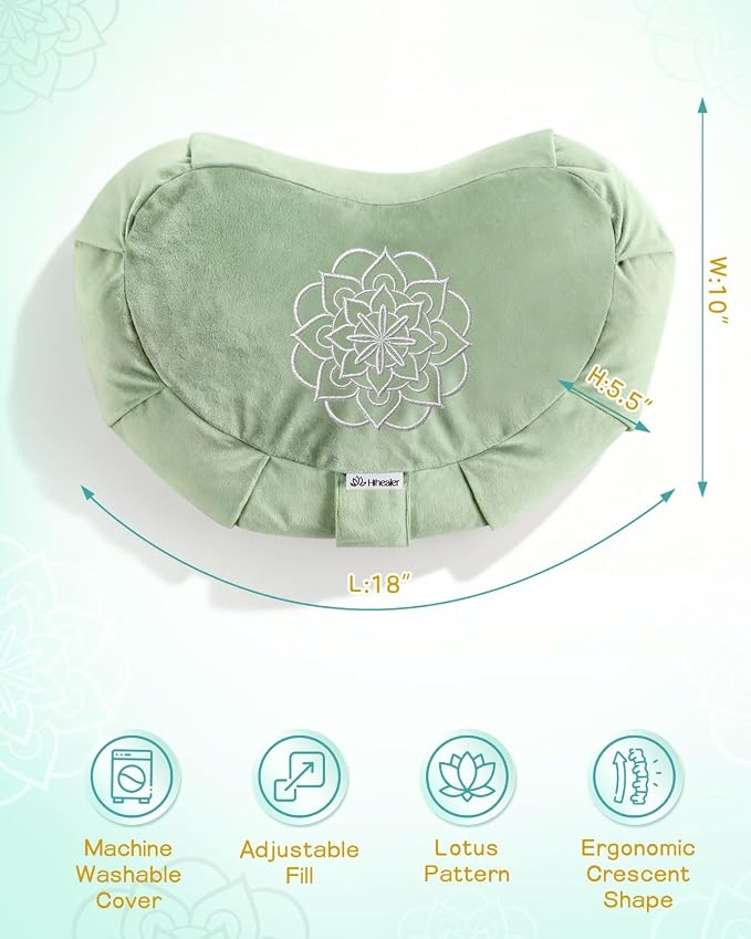 Hihealer Premium Crescent Meditation Cushion, Ergonomic Buckwheat Hull Floor Pillow for Adults, Comfortable Yoga Bolster for Meditation & Floor Sitting (Green)