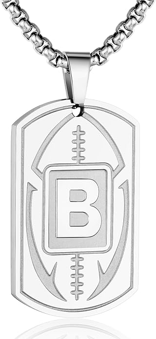 Initial A-Z Dog Tag Necklace for Men - Football Charm Pendant, Stainless Steel Chain 22+2 Inches, Personalized Sports Athletes Jewelry Gift