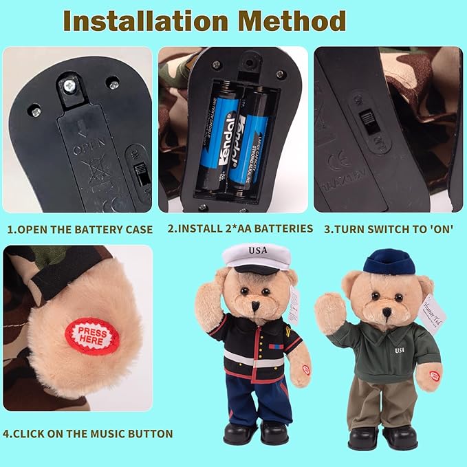 Children's Idol Military Hero Teddy Bear Stuffed Animals Singing Dancing Teddy Bear Stuffed Animal, US Army Theme Music Plush Toys,Independence Day Birthday Gifts for Kids .14"(Camouflage Army)