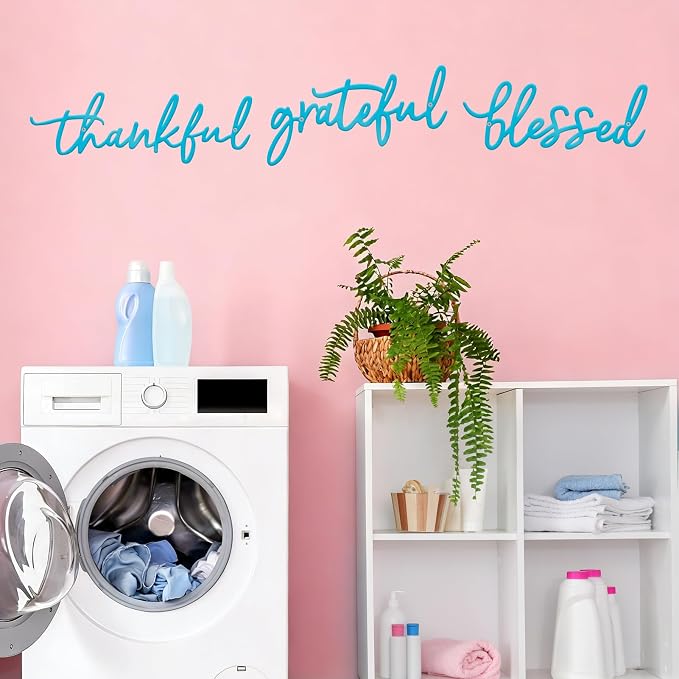 Thankful Grateful Blessed Letter Sign Metal Wall Decor, 3 Piece Black Letters Wall Art for Bathroom Bedroom Metal Words Wall Decor for Home Decor (Blue)