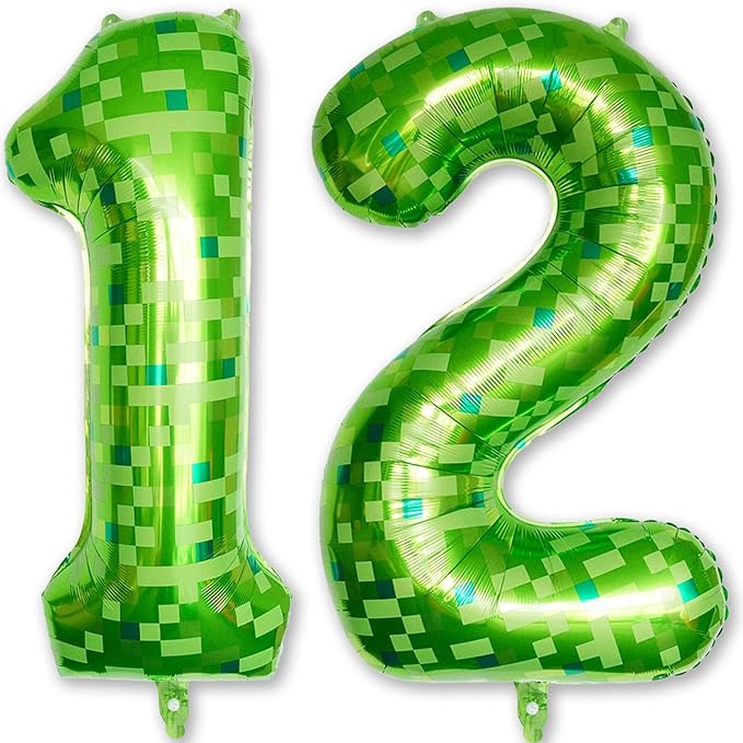 Gaint Green Pixel Number 12 Balloon, Dark Kelly Green Self Inflating 12 Balloons Number, 40 Inch Pixel Foil 12 Balloon for Boys Kid 12th Birthday Party Video Game Forest Golf Patrick's Day Decorations
