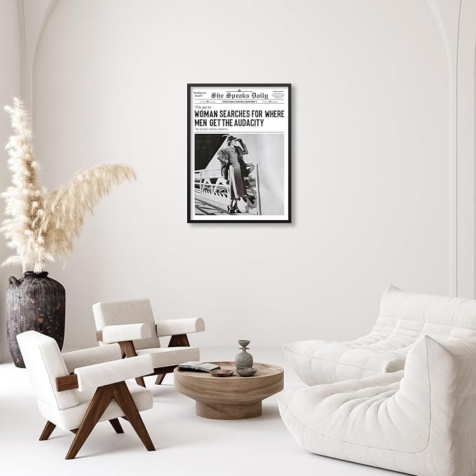 Black and White Newspapers Poster Women Searches For Where Men Get the Audacity Wall Art 12X16 inch Black Framed Trendy Feminist Canvas Prints for Home Bar Wall Decor