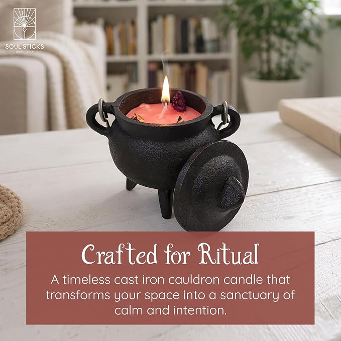 Reusable 4-Inch Cast Iron Cauldron Candle with Lid and Hanging Handle | Ritual & Aromatherapy Candle for Spell Casting, Smudging, Home Cleansing | Herb-Infused with Essential Oils (Rose)
