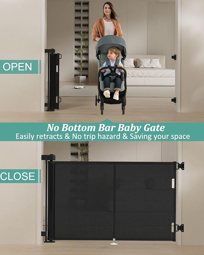 Miumoon 50 inch Retractable Baby Gates 34 inch Tall, Retractable Gate with Reinforced Strip Design to Prevent Crawling Through, Retractable Dog Gate for Stairs, Doorways, Hallways