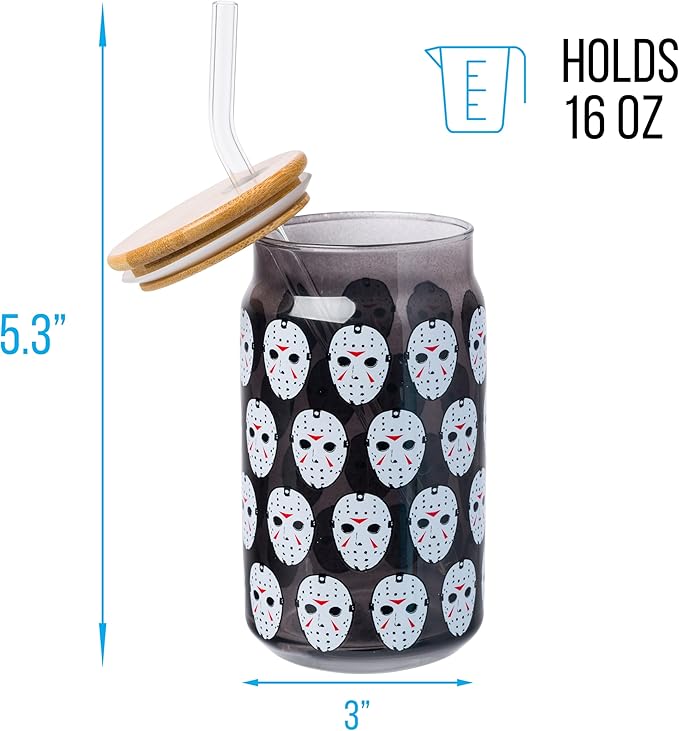 Silver Buffalo Friday the 13th Featuring Jason Vorhees Glass Jar Tumbler with Bamboo Lid and Glass Straw, 16 Ounces