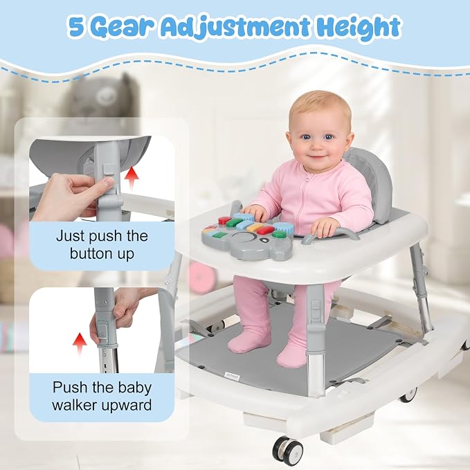 5-in-1 Baby Walker for Boys and Girls Music and Lights 6-18 Month, Foldable Baby Walkers with 5 Adjustable Heights, Infant Toddler Walker with Wheels and Bouncer Combo Portable (White)