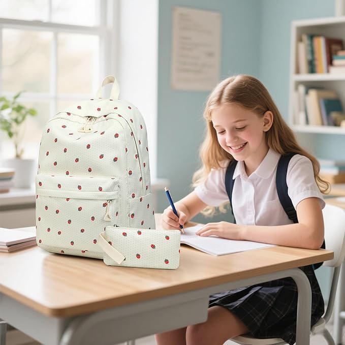 Bluboon Teen Girls School Backpack Kids Bookbag Set with Lunch Box Pencil Case Travel Laptop Backpack Casual Daypacks (Strawberry beige base)