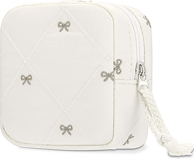 Period Bag for Girls, Quilted Period Pouch for Women, Sanitary Napkin Storage Bag Menstrual Pad Pouches Tampon Holder for Purse Pad Bag Gifts for Teen Girls(Beige)