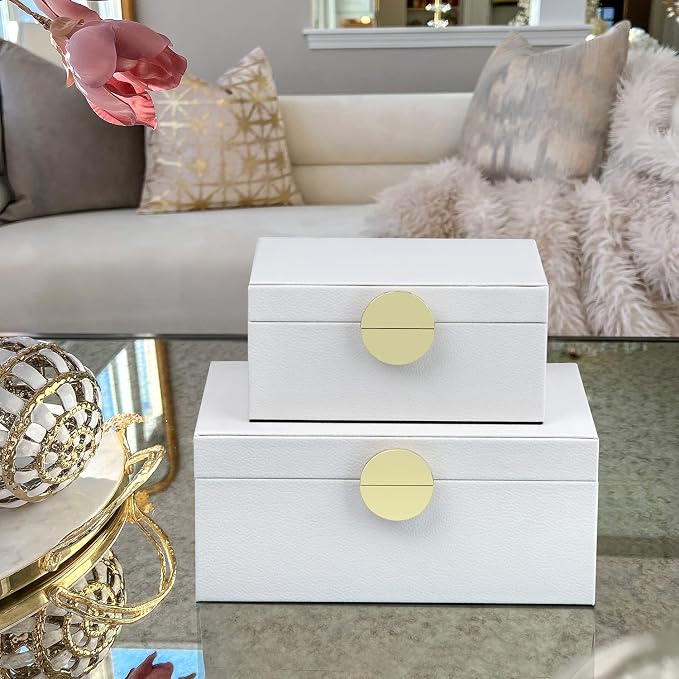 HofferRuffer Faux Leather Jewelry Boxes, Decorative Boxes Storage Accessory Organizer with Gold Hardware Decor, Classic Vegan Leather Set of 2 Pieces (White)