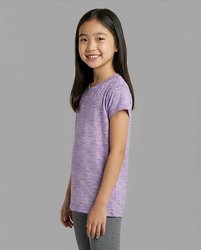Real Essentials 5 Pack: Girls' Short Sleeve Dry-Fit Athletic T-Shirt - Active Gym Crew Neck Tops for Teens Kids (Ages 4-16)