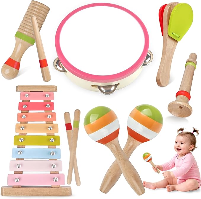Baby Musical Instruments for Girls-Montessori Wooden Toys for Toddlers 1-3,Percussion Instruments Set with Xylophone Preschool Educational 3+ Christmas Birthday Gift for 1 2 3 Year Girls (pink 6 in 1)