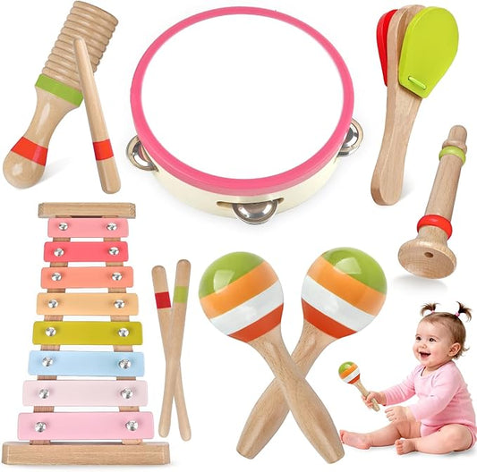 Baby Musical Instruments for Girls-Montessori Wooden Toys for Toddlers 1-3,Percussion Instruments Set with Xylophone Preschool Educational 3+ Christmas Birthday Gift for 1 2 3 Year Girls (pink 6 in 1)
