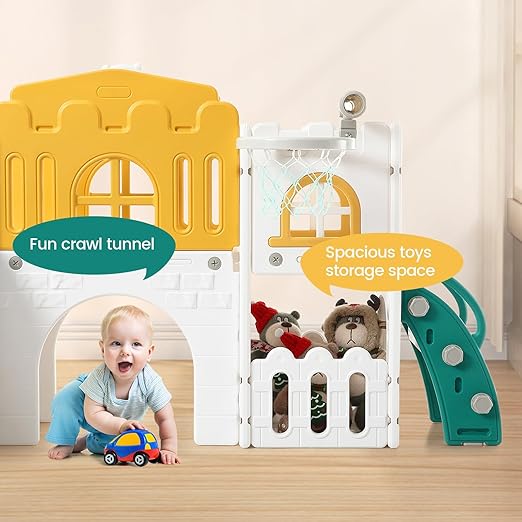 8-in-1 Toddler Slide & Climber Playset for Kids 1-3 Years, Indoor Outdoor Activity Center with Basketball Hoop, Tunnel, Telescope, Steering Wheel & Storage, Safe HDPE Backyard Fun House