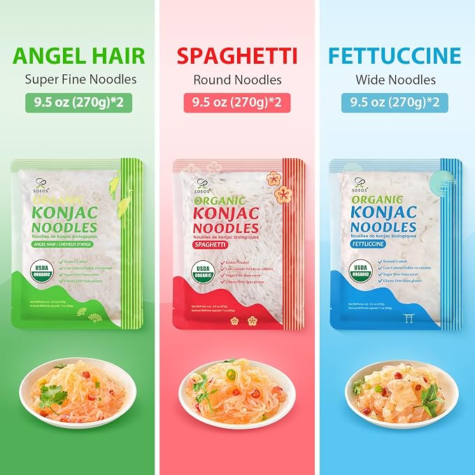 Soeos Organic Konjac Noodles, Shirataki Noodle, 9.5 oz*6 Packs, 3 Variety Noodles, Fettuccine, Angel Hair, Spaghetti, Low Calorie, Low Carb, Keto and Paleo Friendly, Total 57 Ounce