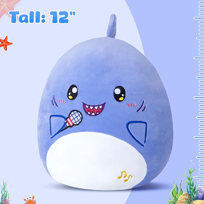 Glow Guards 12'' Shark Plush Pillow Cute Blue Shark Stuffed Animal Holding Microphone Soft Plush Toy Stuffed Animals Birthday Gift for Boys Girls Kids