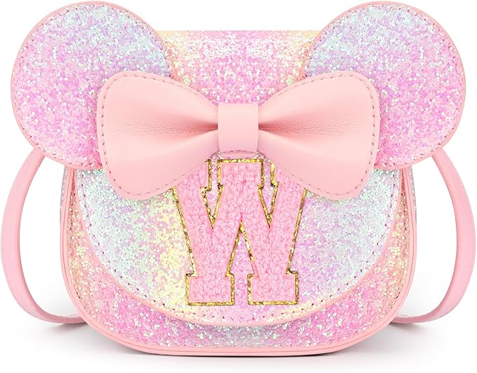 mibasies Toddler Purse Girl Gifts: Girls Birthday Gifts for 3-8 - Toys for Ages 2-4 Girls Mouse Ears Purse, Glitter Rainbow, Letter W