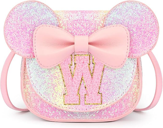 mibasies Toddler Purse Girl Gifts: Girls Birthday Gifts for 3-8 - Toys for Ages 2-4 Girls Mouse Ears Purse, Glitter Rainbow, Letter W