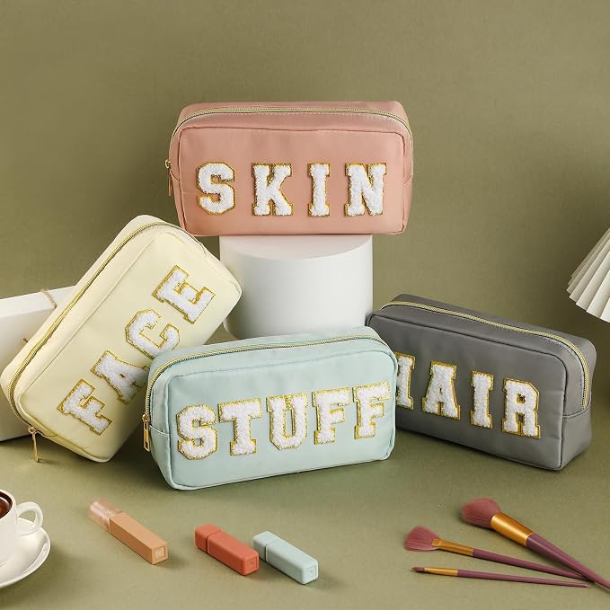 Preppy Makeup Bags Chenille Letter Stuff Bag Nylon Cosmetic Pouch Cases with Zipper for Women Travel Toiletry(Soft Color,Soft,4 Pcs)