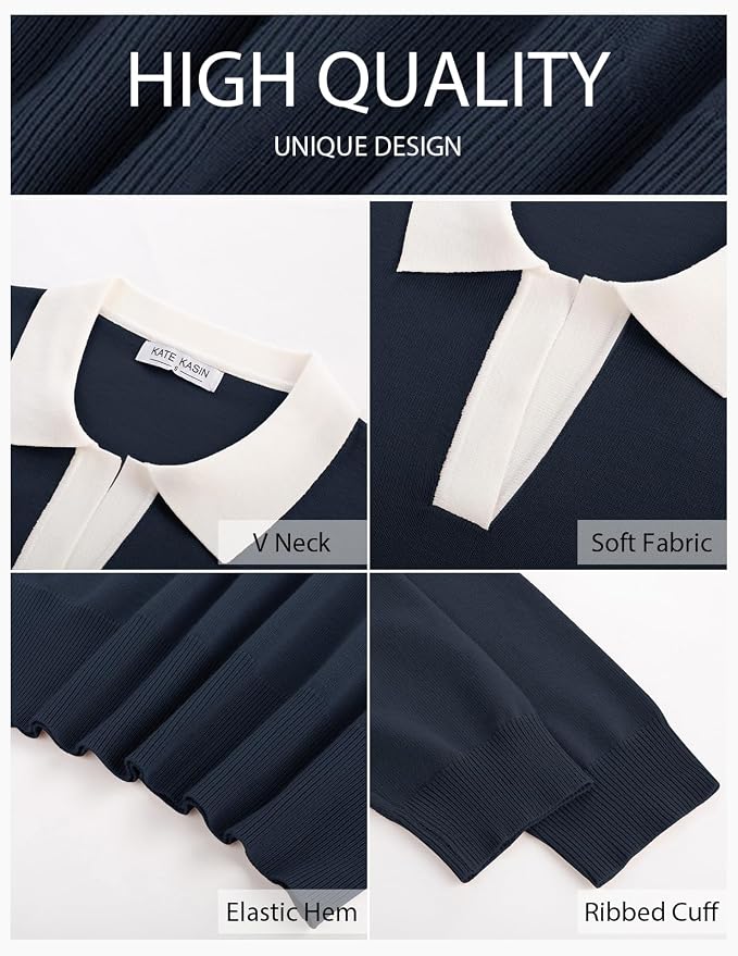 Women's Long Sleeve Classic V Neck Casual Fall Winter Polo Sweater Tops | Basic Collared Knitted Fashion Work Business Formal Daily Wear Versatile Pullover Shirts