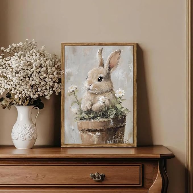 Framed Vintage Easter Bunny Wall Art, Cute Cottagecore Rabbit Floral Pictures Wall Decor, Spring Farmhouse Animal Paintings Prints Rustic Home Decor for Living Room Bedroom Nursery 8x10 inch