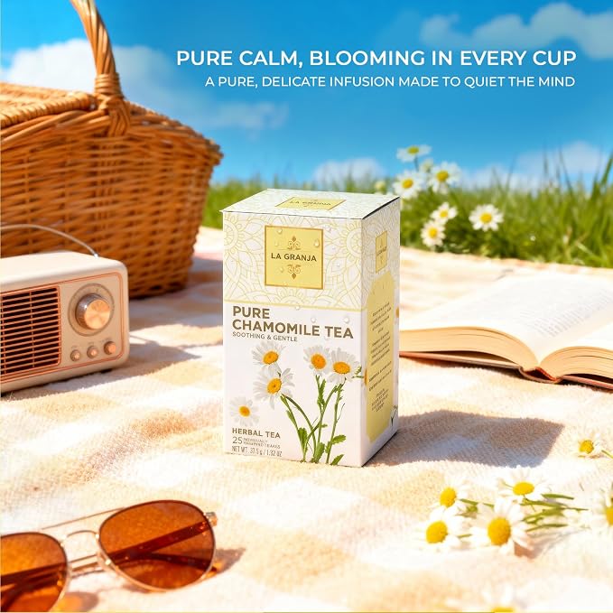 Life Plus Style Gourmet La Granja Pure Chamomile Herbal Tea 25 Individually Wrapped Tea Bags Caffeine Free Natural Bedtime Tea Herbal Infusion Gift for Women & Tea Lovers